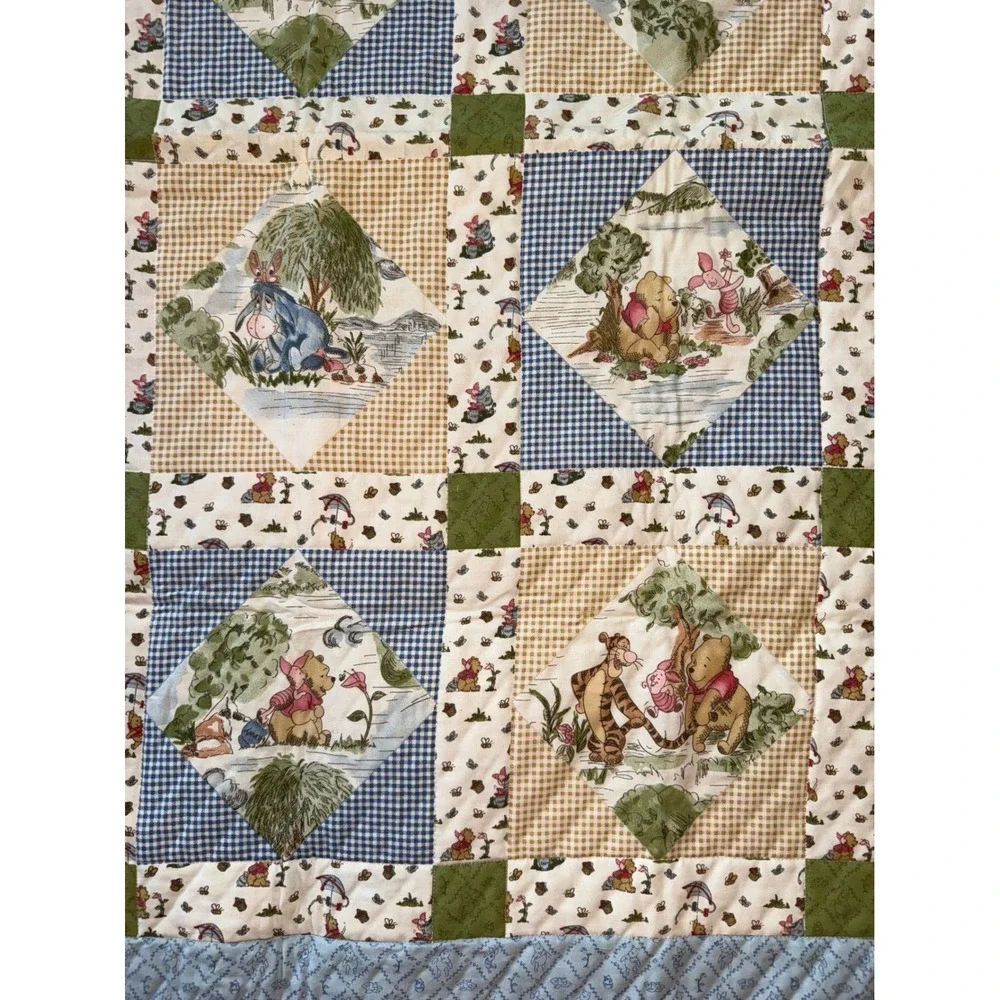 Disney Winnie the Pooh Baby Quilt Blue Tan Satin Trim Patchwork homemade crib